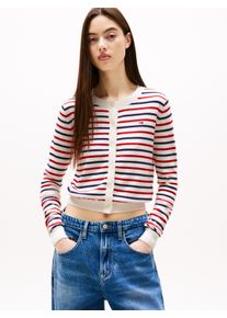 Strickjacke Tommy Jeans "TJW ESSENTIAL CREW NECK CARDIGAN", Herren, Gr. XS (34), wei&szlig; (wei&szlig;, rot, navy stripe), Strick, Obermaterial: 100% Baumwolle, gestreift, regular fit normal, Rundhals, Rippstrickb&uuml;ndchen, Strickjacken Strickjacke, Baumwolle