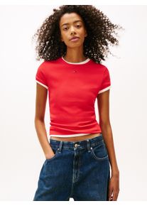 Kurzarmshirt Tommy Jeans "TJW ESSENTIAL RIB SHORT SLEEVE EXT", Damen, Gr. XS (34), rot alert, Single Jersey, Obermaterial: 95% Baumwolle, 5% Elasthan, gestreift, slim fit h&uuml;ftlang, Rundhals, abgesteppte Kante, Shirts Kurzarmshirt, Baumwollmischung in gerippter Struktur, Slim Fit