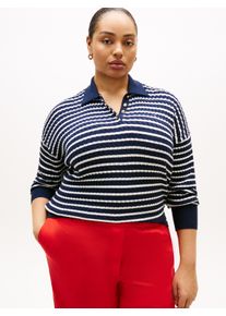 Polokragenpullover Tommy Hilfiger Curve "CRV CO CABLE FINE GG RLX POLO", Damen, Gr. 50, schwarz night navy, ivory petal stp, Strick, Obermaterial: 100% Baumwolle, gestreift, relaxed fit normal, ohne Ausschnitt, Rippb&uuml;ndchen, Pullover Polokragenpullover, in gro&szlig;en Gr&ouml;&szlig;en, mit Zopfmuster