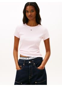 Kurzarmshirt Tommy Jeans "TJW ESSENTIAL RIB SHORT SLEEVE EXT", Damen, Gr. XS (34), light pink, Single Jersey, Obermaterial: 95% Baumwolle, 5% Elasthan, gestreift, slim fit h&uuml;ftlang, Rundhals, abgesteppte Kante, Shirts Kurzarmshirt, Baumwollmischung in gerippter Struktur, Slim Fit