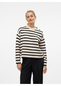 V&eacute;ro Moda Rundhalspullover VERO MODA "VMSABA LS O-NECK BUTTON PULLOVER GA NOOS", Damen, Gr. XS, beige (birch stripes:schwarz), Strick, Obermaterial: 50% Viskose, 28% Polyester, 22% Nylon, gestreift, taillenlang, Rundhals, Pullover Rundhalspullover, mit Zierkn&ouml;pfen auf der linken Schulter