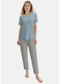 Pyjama Tom Tailor, Damen, Gr. 42, blau, mittel, allover, Single Jersey, Obermaterial: 95% Baumwolle, 5% Elasthan, bequem, V-Ausschnitt, gerader Abschluss, Homewear-Sets Pyjama, Kurzarm, V-Ausschnitt, mit Brusttasche, Baumwollmix