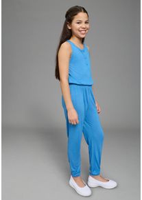 Overall Kidsworld "Jumpsuit mit aufwendiger Spitze im R&uuml;cken", M&auml;dchen, Gr. 164, N-Gr, blau, Jersey, Obermaterial: 100% Viskose. Spitze: 100% Baumwolle, unifarben, weit lang, Rundhals, Overalls Overall, mit Spitzeneinsatz im R&uuml;cken