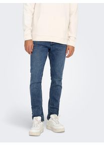 Only & Sons Slim-fit-Jeans ONLY & SONS "ONSLOOM SLIM BOX PIM DNM MU OTL", Damen, Gr. 34, L&auml;nge 34, medium blau denim, Denim/Jeans, Obermaterial: 50% Baumwolle, 30% Polyester, 18% Viskose, 2% Elasthan, Abriebeffekte, slim fit kn&ouml;chellang, Jeans Slim-fit-Jeans