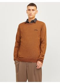 Jack & Jones Rundhalspullover JACK & JONES "JJBRAD KNIT CREW NECK AW24", Herren, Gr. S, braun (mocha bisque detail:melange), Strick, Obermaterial: 70% Polyester, 30% Baumwolle, bestickt, meliert, normal, Rundhals, Rippb&uuml;ndchen, Pullover Rundhalspullover