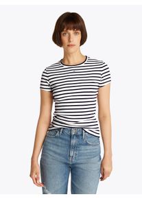 Kurzarmshirt Tommy Jeans "TJW ESSENTIAL RIB SHORT SLEEVE EXT", Damen, Gr. XS (34), blau (schwarz night navy stripes), Single Jersey, Obermaterial: 95% Baumwolle, 5% Elasthan, gestreift, slim fit h&uuml;ftlang, Rundhals, abgesteppte Kante, Shirts Kurzarmshirt, Baumwollmischung in gerippter Struktur, Slim Fit