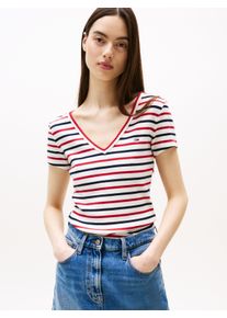 Kurzarmshirt Tommy Jeans "TJW SLIM ESSENTIAL RIB V SHORT SLEEVE", Damen, Gr. M (38), wei&szlig; (wei&szlig;, rot, navy stripe), Feinripp, Obermaterial: 95% Baumwolle, 5% Elasthan, gestreift, slim fit kurz, tiefer V-Ausschnitt, abgesteppt, Shirts Kurzarmshirt, mit gerippter Struktur, V-Ausschnitt, Slim Fit