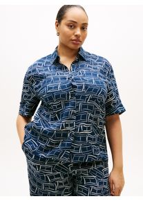 Kurzarmshirt Tommy Hilfiger Curve "CRV ESS LINEN SHIRT WITH SS", Damen, Gr. 54, flag feathers schwarz night navy, Single Jersey, Obermaterial: 100% Leinen, bedruckt, regular fit normal, ohne Ausschnitt, Shirts Kurzarmshirt, in gro&szlig;en Gr&ouml;&szlig;en