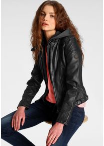 Lederjacke Mauritius "Cacey LEGV", Damen, Gr. S, schwarz, Obermaterial: 100% Schafsleder. Futter: 100% Baumwolle. Kapuze: 60% Baumwolle, 40% Polyester. &Auml;rmelfutter: 100% Polyester, unifarben, regular fit kurz, eingesetzt abgesteppt, Jacken Lederjacke, mti Kapuze, Rei&szlig;verschluss, Ziersteppung