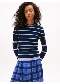 Kurzarmshirt Tommy Jeans "TJW ESSENTIAL RIB SHORT SLEEVE EXT", Damen, Gr. L (40), blau (schwarz night navy, stripe), Single Jersey, Obermaterial: 95% Baumwolle, 5% Elasthan, gestreift, slim fit h&uuml;ftlang, Rundhals, abgesteppte Kante, Shirts Kurzarmshirt, Baumwollmischung in gerippter Struktur, Slim Fit