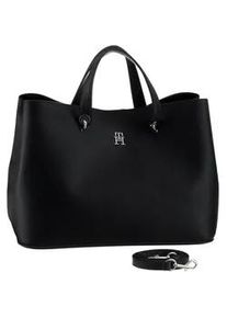 Henkeltasche Tommy Hilfiger "TH EMBLEM SATCHEL", Damen, Gr. B/H/T: 37,5cm x 27,5cm x 22cm, schwarz (bds schwarz), Polyurethan, Strukturmuster, unifarben, Taschen, mit TH-Emblem vorne