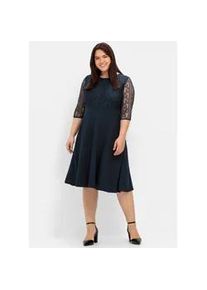 Cocktailkleid sheego "Abendkleid", Damen, Gr. 48, Normalgr&ouml;&szlig;en, blau (nachtblau), 60% Viskose, 35% Polyimid, 5% Elasthan, Spitze:100% Polyimid, unifarben, knielang, Rundhals, Kleider
