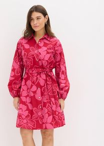 bonprix Blusenkleid aus reiner Baumwolle, pink, Gr.52, modisch bedrucktes Blusenkleid aus festem Baumwoll-Material mit Ballon&auml;rmeln und Bindeband in der Taille, 100% Baumwolle