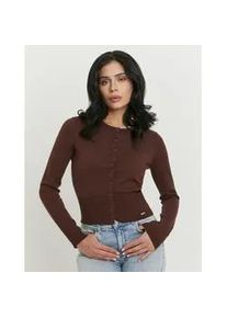 Strickjacke Tally Weijl "SCAVIFRANKI", Damen, Gr. L, rocky road, Strick, Obermaterial: 45% Polyester, 38% Viskose, 17% Polyamid, unifarben, figurbetont taillenlang, Rundhals, Strickjacken Strickjacke, Materialmix, Basic, k&uuml;rzer geschnitten