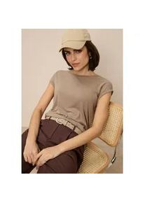 T-Shirt Tamaris, Damen, Gr. 48, taupe, Single Jersey, Obermaterial: 95% Viskose, 5% Elasthan, unifarben, Basic, regular fit h&uuml;ftbedeckend, Rundhals, Aufschlag, Shirts T-Shirt, Regular Fit, mit &uuml;berlappenden Schultern, Kurzarm mit Aufschlag