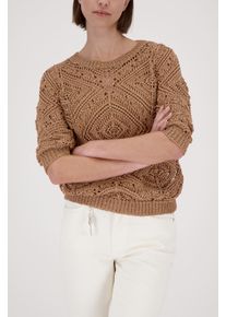 Strickpullover monari "Ajour", Damen, Gr. 46, biscotti, Strick, Obermaterial: 60% Baumwolle, 40% Polyester, unifarben, regular fit taillenbedeckt, Rundhals, eingesetzt Rippstrickb&uuml;ndchen, Pullover Strickpullover, Regular fit mit Strickmuster