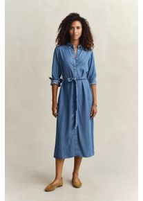 Hemdblusenkleid Gant "CHAMBRAY SHIRT DRESS", Damen, Gr. 46, N-Gr, light indigo, Denim/Jeans, Obermaterial: 100% Lyocell, unifarben, Basic, regular fit wadenlang, Rundhals, eingesetzt Manschette, Kleider Hemdblusenkleid, Regular fit mit Button-Down-Kragen