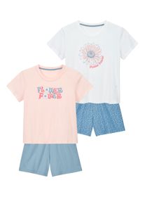 Pyjama Petite Fleur, M&auml;dchen, Gr. 122/128, wei&szlig;, bedruckt, rose, blau, Jersey, Obermaterial: 100% Baumwolle, bedruckt, kurz, Rundhals, abgesteppte Kante, Homewear-Sets Pyjama, M&auml;dchen - kurzer Schlafanzug mit gro&szlig;em Druck