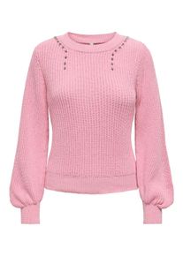 Rundhalspullover Only "ONLTAYLOR LIFE LS O-NECK BLING KNT", Damen, Gr. L (40), rosa (fuchsia pink detail:rhinestone), Strick, Obermaterial: 70% Baumwolle, 30% Polyester, unifarben, regular fit, Rundhals, Pullover Rundhalspullover