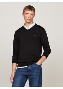 Strickpullover Tommy Hilfiger "ESSENTIAL COTTON V NECK mit V-Ausschnitt und Stickerei", Herren, Gr. S, schwarz, Strick, Obermaterial: 100% Baumwolle, V-Ausschnitt, Rippb&uuml;ndchen, Pullover Strickpullover, unifarben, casual, regular fit, Baumwolle, V-Ausschnitt