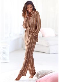 Pyjama Lascana, Damen, Gr. 44/46, braun (braun gestreift), Single Jersey, Obermaterial: 50% Baumwolle, 50% Viskose, gestreift, bequem lang, eingesetzt Manschette, Homewear-Sets Pyjama, im klassischen Stil