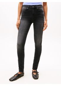 Skinny-fit-Jeans Tommy Jeans "NORA MR SKNY AH1280", Damen, Gr. 27, L&auml;nge 30, schwarz (denim schwarz), Denim/Jeans, Obermaterial: 72% Baumwolle, 21% Modal, 5% Polyester, 2% Elasthan, unifarben, skinny fit lang, Jeans Skinny-fit-Jeans, mit Logo-Badge, Mid Rise
