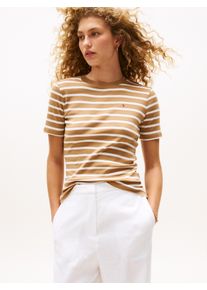 T-Shirt Tommy Hilfiger "SLIM CODY C-NK SS", Damen, Gr. XXL (44), beige (hickory, ecru stp), Jersey, Obermaterial: 100% Baumwolle, gestreift, slim fit h&uuml;ftlang, Rundhals, abgesteppt, Shirts T-Shirt, Baumwolle, slim fit