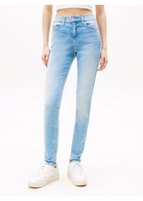 Skinny-fit-Jeans Tommy Jeans "NORA MR SKNY AH1280", Damen, Gr. 27, L&auml;nge 28, blau (denim light1), Denim/Jeans, Obermaterial: 98% Baumwolle, 2% Elasthan, unifarben, skinny fit lang, Jeans Skinny-fit-Jeans, mit Logo-Badge, Mid Rise