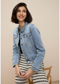 Jeansjacke Tamaris, Damen, Gr. 34, blau bleache, Denim/Jeans, Obermaterial: 74% Baumwolle, 24% Polyester, 2% Elasthan, unifarben, figurumspielend, 1-Knopf-Manschette, Jacken Jeansjacke, aus elastischem Denim-Material, mit Brusttaschen und Eingrifftaschen, Topseller