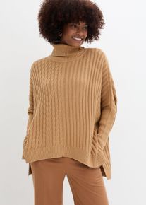 bonprix Oversize-Poncho Pullover, beige, Gr.44/46 (L), Poncho mit verschiedenen Strickmustern, 50% Baumwolle