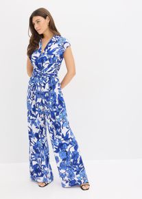 bonprix Jersey-Jumpsuit, blau, Gr.36/38 (S), floral bedruckter Jersey-Jumpsuit mit weitem Bein und Drapierung vorne in der Taille die sich durch Bindeb&auml;nder individuell binden l&auml;sst