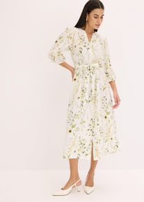 bonprix Blusenkleid aus Viskose-Mix, wei&szlig;, Gr.52, feminines Blusenkleid in Midil&auml;nge mit floralem Print