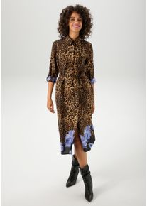 Blusenkleid Aniston CASUAL, Damen, Gr. 46, N-Gr, schwarz (schwarz, beige, braun, blau, hellblau), Web, Obermaterial: 100% Viskose, bedruckt, gebl&uuml;mt, figurumspielend wadenlang, Krempel&auml;rmel 1-Knopf-Manschette, Kleider Blusenkleid, mit Bl&uuml;ten-Bord&uuml;re und Leo-Print