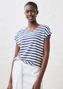 T-Shirt bonprix, Damen, Gr. 44/46 (L), dunkelblau, wei&szlig; gestreift, Web, Obermaterial: 100% Leinen, oversize normal, V-Ausschnitt, Shirts T-Shirt, Oversize Passform, Kurzarm, V-Ausschnitt, aus Leinen, pflegeleicht