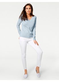 Strickpullover Heine "V-Pullover", Damen, Gr. 42, blau (bleu), 100% Baumwolle, unifarben, Pullover Strickpullover