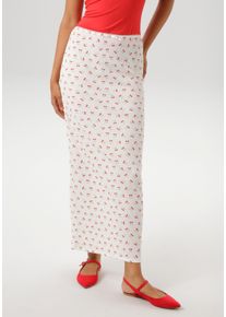 Maxirock Aniston CASUAL, Damen, Gr. 46, wei&szlig; (wollwei&szlig;, rot, hellgr&uuml;n), Jersey, Obermaterial: 98% Polyester, 2% Elasthan, Strukturmuster, bedruckt, figurbetont kn&ouml;chelfrei, R&ouml;cke Maxirock, allover mit Kirschen bedruckt