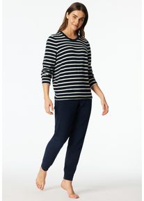 Schlafanzug Schiesser "Casual Essentials", Damen, Gr. 48, blau (nachtblau), Frottee, Obermaterial: 80% Baumwolle, 20% Polyester, bequem lang, Rundhals, Homewear-Sets Schlafanzug, w&auml;rmende Frottee-Qualit&auml;t, Rundhalsausschnitt, lang&auml;rmelig