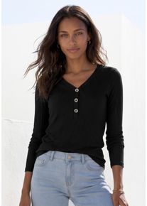 Langarmshirt Lascana "mit kurzer Knopfleiste", Damen, Gr. 44/46, schwarz, Rippware, Obermaterial: 95% Viskose, 5% Elasthan, unifarben, bequem normal, V-Ausschnitt, Shirts Langarmshirt, aus weicher Viskose-Ripp-Qualit&auml;t, Topseller