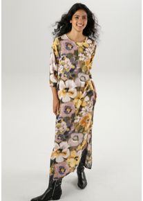 Maxikleid Aniston CASUAL, Damen, Gr. 48, N-Gr, bunt (gelb, zartgelb, malve, altrosa, rose, olivgr&uuml;n, hellgr&uuml;n, dunkelgr&uuml;n, marine, hellblau, schwarz, braun), Web, Obermaterial: 100% Viskose, bedruckt, gebl&uuml;mt, figurumspielend kn&ouml;chelfrei, Rundhals, Kleider Maxikleid, mit Bl&uuml;tendruck im Batik-Look- jedes Teil ein Unikat