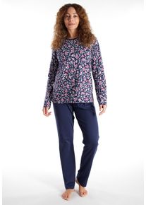 G&ouml;tzburg Pyjama G&Ouml;TZBURG, Damen, Gr. 42, blau, mittel, allover, Single Jersey, Obermaterial: 100% Baumwolle, bequem lang, Rundhals, gerader Abschluss, Homewear-Sets Pyjama, Langarm, Rundhalsausschnitt, mit Motiv, Baumwolle