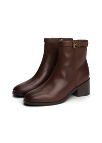 Stiefelette Tommy Hilfiger "TH BUCKLE RIDING MID HEEL BOOTIE", Damen, Gr. 41, braun (dunkelbraun), Leder, Schuhe Stiefelette, Blockabsatz, Businesschuh in schmaler Form