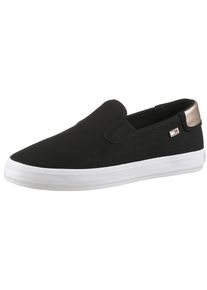 Slip-On Sneaker Tommy Hilfiger "VULC CANVAS SLIP-ON SNEAKER", Damen, Gr. 36, gold (schwarz, goldfarben), Baumwolle, unifarben mit Farbeinsatz, Schuhe Slip-On Sneaker, Plateau, Freizeitschuh, Halbschuh mit Kontrastbesatz, schmale Form