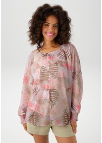 Schlupfbluse Aniston CASUAL, Damen, Gr. 38, bunt (mint, malve, rot, rosa, ros&eacute;, hellkhaki, khaki, helloliv, dunkelbraun, braun, helltaupe, apricot, hellblau, wei&szlig;), Chiffon, Obermaterial: 100% Polyester. Futter: 100% Polyester, bedruckt, l&auml;ssig geschnitten h&uuml;ftlang, Rundhals, Fledermaus&auml;rmel Smokb&uuml;ndchen mit Gummizug, Blusen Schlupfbluse, mit gro&szlig;fl&auml;chigen, farbharmonischem Bl&auml;tterdruck