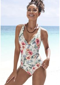Badeanzug Lascana "Salsa", Damen, Gr. 42, Cup B, beige (creme bedruckt), Recycling-Polyamid, gebl&uuml;mt, Badeanz&uuml;ge Badeanzug, mit Shaping-Effekt und trendigen Kreuztr&auml;gern, Topseller