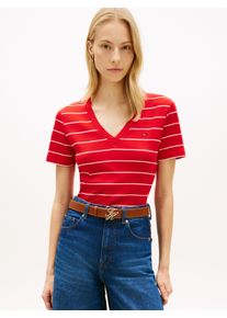 T-Shirt Tommy Hilfiger "SLIM CODY V-NECK SHORT SLEEVE", Damen, Gr. XL (46), fine stp fireworks, calico, Jersey, Obermaterial: 100% Baumwolle, gestreift, schmal normal, tiefer V-Ausschnitt, abgesteppte Kante, Shirts T-Shirt, aus Baumwolle, Logostickerei, gestreift