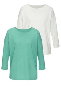 Langarmshirt Vivance "mit modischer Struktur", Damen, Gr. 48/50, blau (t&uuml;rkis, creme), Strick, Obermaterial: 65% Polyester (REPREVE), 35% Baumwolle, Strukturmuster, unifarben, Basic, bequem, Rundhals, Shirts Langarmshirt, aus b&uuml;gelfreier Qualit&auml;t mit Baumwolle, Topseller