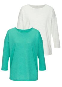 Langarmshirt Vivance "mit modischer Struktur", Damen, Gr. 36/38, blau (t&uuml;rkis, creme), Strick, Obermaterial: 65% Polyester (REPREVE), 35% Baumwolle, Strukturmuster, unifarben, Basic, bequem, Rundhals, Shirts Langarmshirt, aus b&uuml;gelfreier Qualit&auml;t mit Baumwolle, Topseller