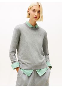 Rundhalspullover Tommy Hilfiger "CO JERSEY STITCH LS C-NK SWT", Damen, Gr. XL (42), med erdgrau, Strick, Obermaterial: 67% Baumwolle, 33% Polyamid, meliert, normal h&uuml;ftlang, Rundhals, B&uuml;ndchen, Pullover Rundhalspullover, mit Logostickerei