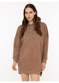 Sweatkleid Zwillingsherz "Wild Vibes", Damen, Gr. XL, N-Gr, mittelbraun, Sweatware, Obermaterial: 50% Baumwolle, 50% Polyester, l&auml;ssig geschnitten kniefrei, hoch geschlossener Ausschnitt, angesetztes B&uuml;ndchen, Kleider Sweatkleid, praktische Fronttaschen, Leo-Kordel, tonale Stickerei