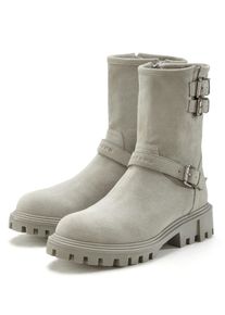 Stiefelette ELBSAND "Stiefel, Boots, Bikerboots, Lederstiefelette, Lederboots", Damen, Gr. 41, grau (hellgrau), Obermaterial: 100% Rindsleder. Decksohle: 100% Textilmaterial. Futter: 85% Textilmaterial, 15% Lederimitat. Laufsohle: 100% Synthetik, Veloursleder, unifarben, Schuhe Stiefelette, aus Leder mit trendigen Zierschnallen